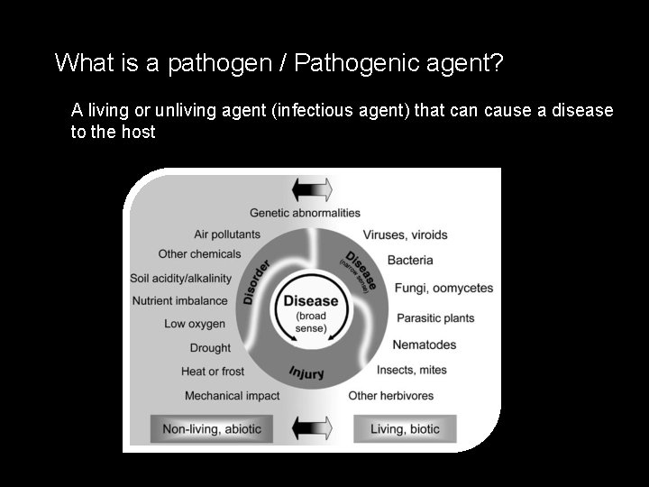 What is a pathogen / Pathogenic agent? A living or unliving agent (infectious agent)