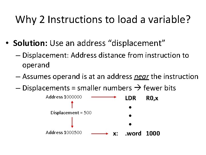 Why 2 Instructions to load a variable? • Solution: Use an address “displacement” –