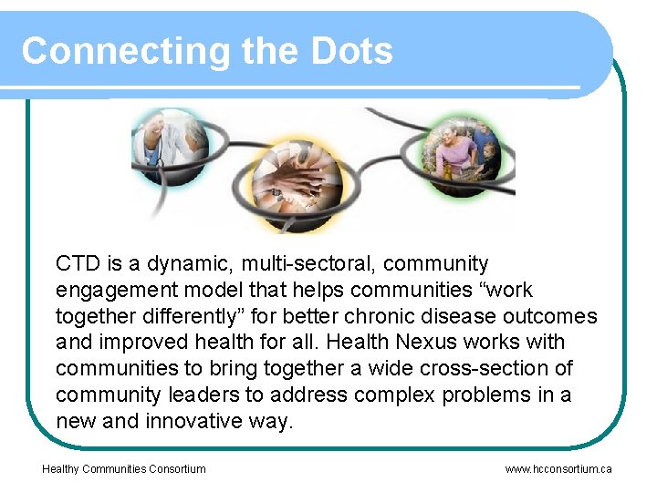 Connecting the Dots CTD is a dynamic, multi-sectoral, community engagement model that helps communities