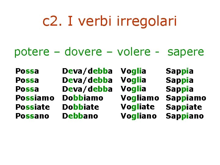 c 2. I verbi irregolari potere – dovere – volere - sapere Possa Possiamo