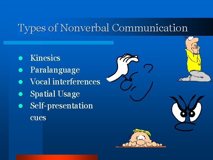 Types of Nonverbal Communication l l l Kinesics Paralanguage Vocal interferences Spatial Usage Self-presentation