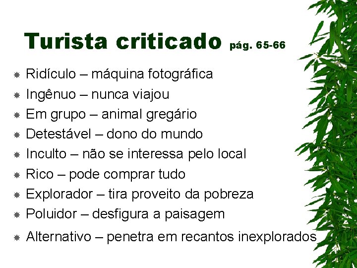Turista criticado pág. 65 -66 Ridículo – máquina fotográfica Ingênuo – nunca viajou Em