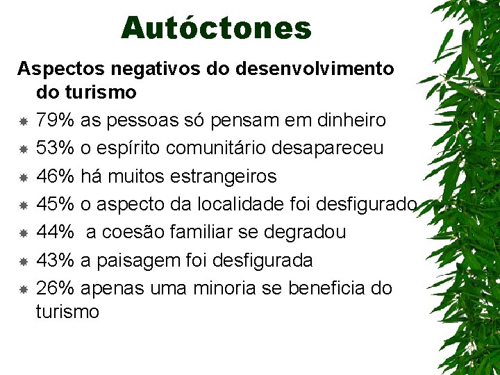 Autóctones Aspectos negativos do desenvolvimento do turismo 79% as pessoas só pensam em dinheiro