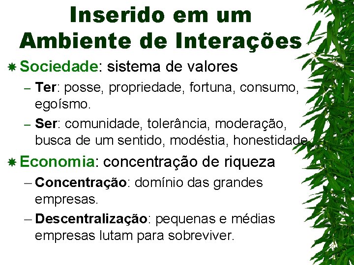 Inserido em um Ambiente de Interações Sociedade: sistema de valores Ter: posse, propriedade, fortuna,