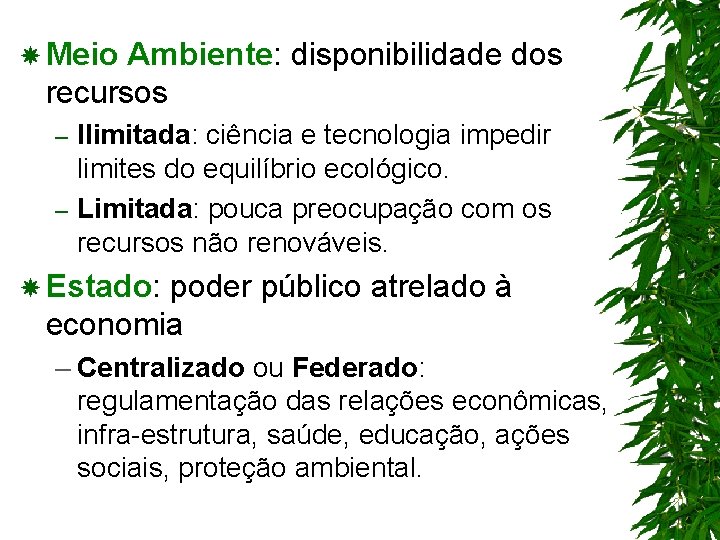  Meio Ambiente: disponibilidade dos recursos Ilimitada: ciência e tecnologia impedir limites do equilíbrio