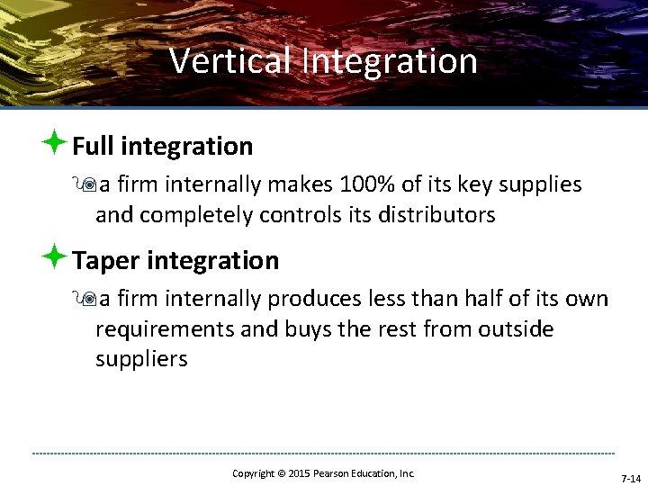Vertical Integration ªFull integration 9 a firm internally makes 100% of its key supplies