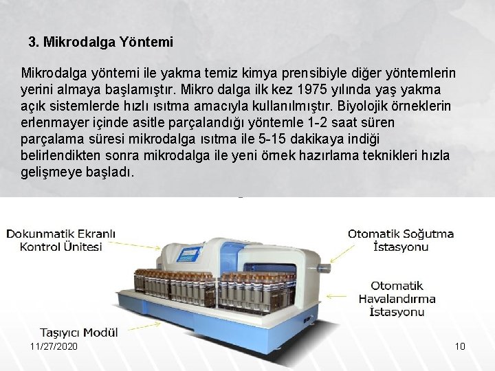 3. Mikrodalga Yöntemi Mikrodalga yöntemi ile yakma temiz kimya prensibiyle diğer yöntemlerin yerini almaya