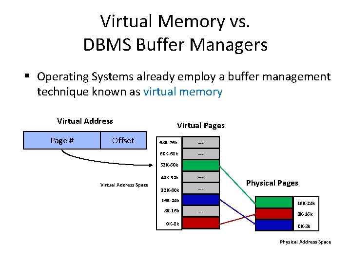 Virtual Memory vs. DBMS Buffer Managers § Operating Systems already employ a buffer management