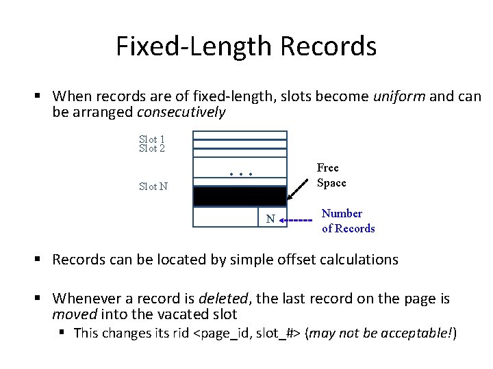 Fixed-Length Records § When records are of fixed-length, slots become uniform and can be
