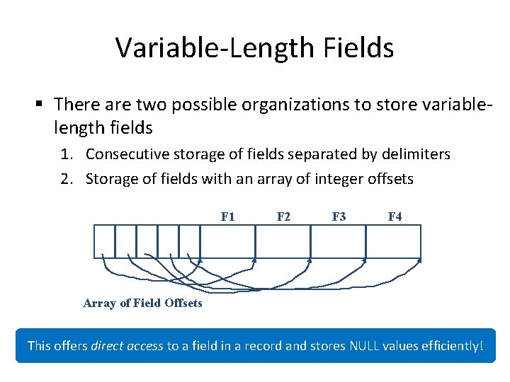 Variable-Length Fields § There are two possible organizations to store variablelength fields 1. Consecutive