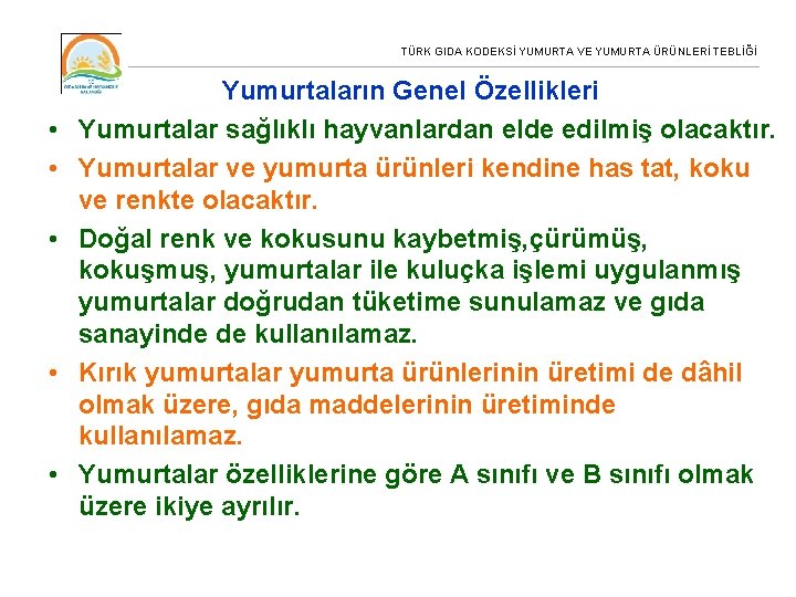 TÜRK GIDA KODEKSİ YUMURTA VE YUMURTA ÜRÜNLERİ TEBLİĞİ • • • Yumurtaların Genel Özellikleri