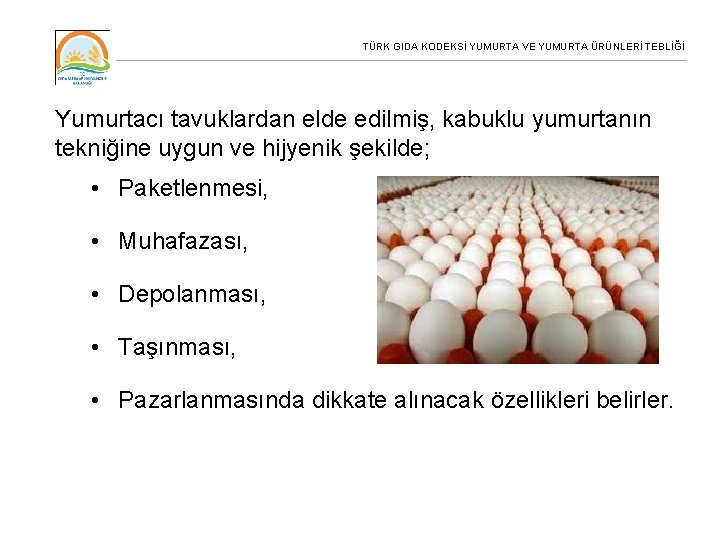 TÜRK GIDA KODEKSİ YUMURTA VE YUMURTA ÜRÜNLERİ TEBLİĞİ Yumurtacı tavuklardan elde edilmiş, kabuklu yumurtanın