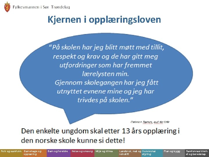 Kjernen i opplæringsloven Folk og samfunn Barnehage og opplæring Barn og foreldre Helse og