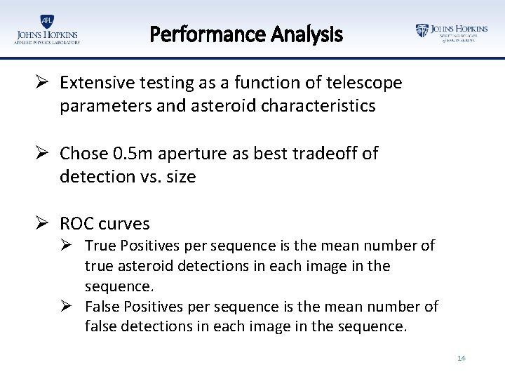 Performance Analysis Ø Extensive testing as a function of telescope parameters and asteroid characteristics