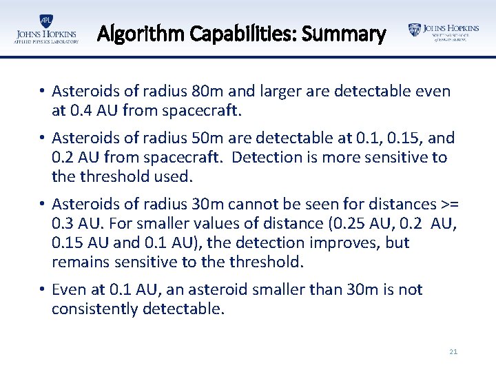 Algorithm Capabilities: Summary • Asteroids of radius 80 m and larger are detectable even