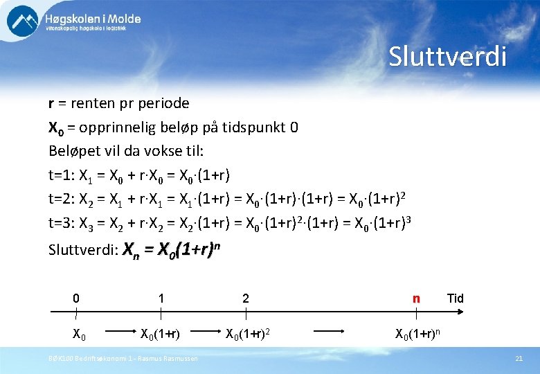 Sluttverdi r = renten pr periode X 0 = opprinnelig beløp på tidspunkt 0