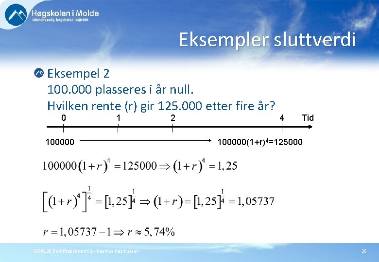 Eksempler sluttverdi Eksempel 2 100. 000 plasseres i år null. Hvilken rente (r) gir