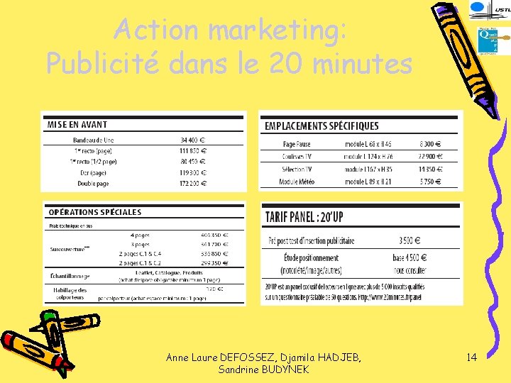 Action marketing: Publicité dans le 20 minutes Anne Laure DEFOSSEZ, Djamila HADJEB, Sandrine BUDYNEK