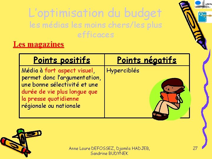 L’optimisation du budget les médias les moins chers/les plus efficaces Les magazines Points positifs