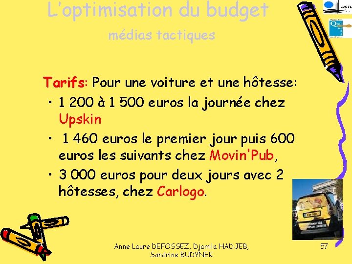 L’optimisation du budget médias tactiques Tarifs: Pour une voiture et une hôtesse: • 1