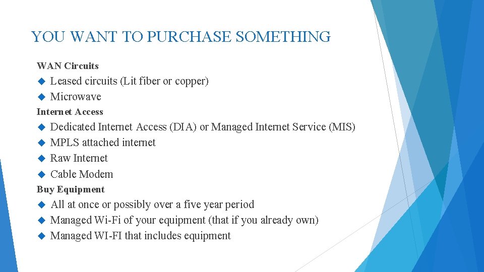 YOU WANT TO PURCHASE SOMETHING WAN Circuits Leased circuits (Lit fiber or copper) Microwave