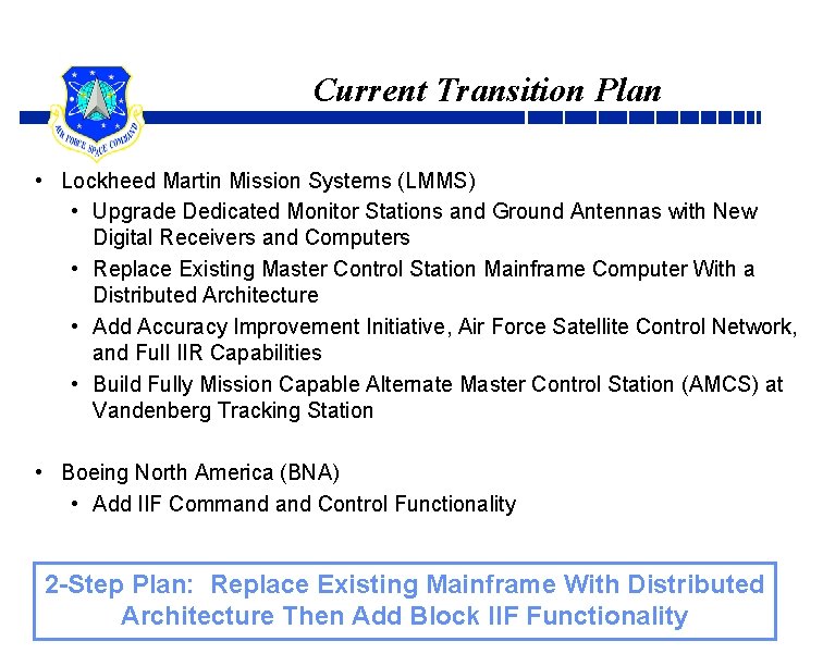 Current Transition Plan • Lockheed Martin Mission Systems (LMMS) • Upgrade Dedicated Monitor Stations