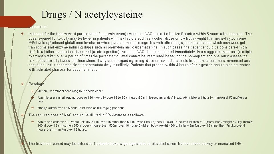 Drugs / N acetylcysteine Indications Indicated for the treatment of paracetamol (acetaminophen) overdose, NAC