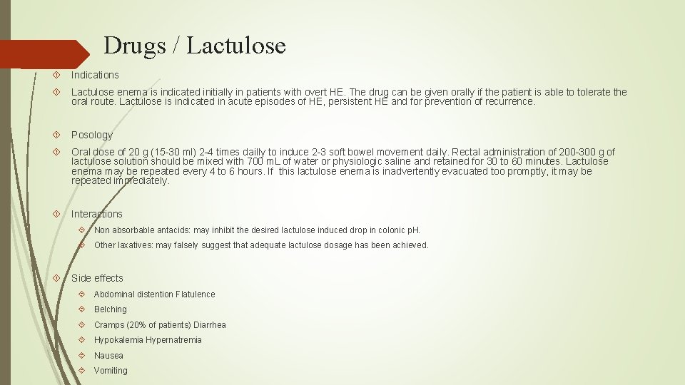 Drugs / Lactulose Indications Lactulose enema is indicated initially in patients with overt HE.