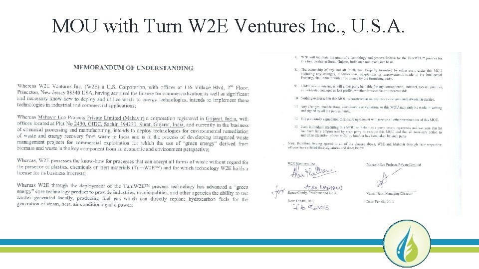 MOU with Turn W 2 E Ventures Inc. , U. S. A. 