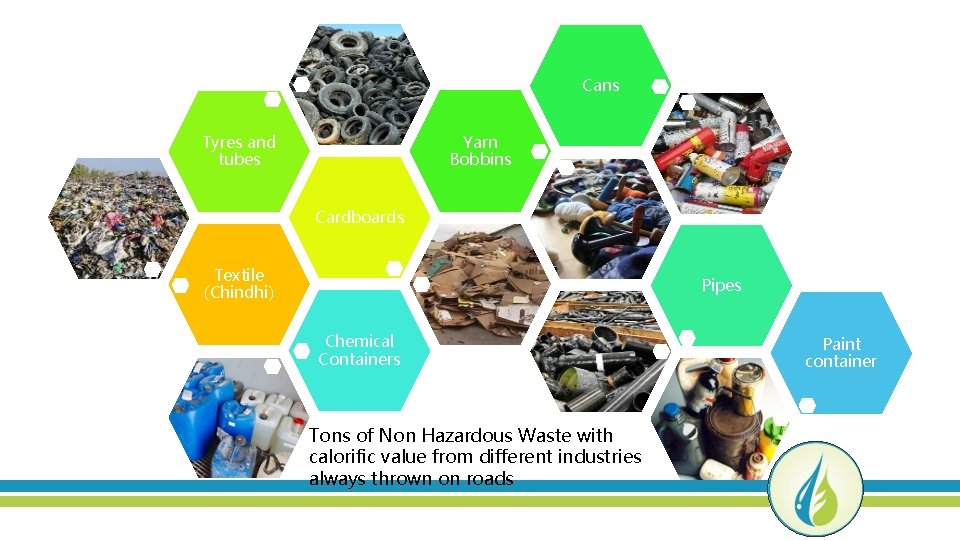 Cans Yarn Bobbins Tyres and tubes Cardboards Textile (Chindhi) Pipes Chemical Containers Tons of