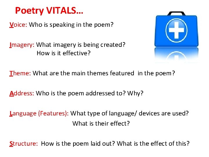 Poetry VITALS… Voice: Who is speaking in the poem? Imagery: What imagery is being