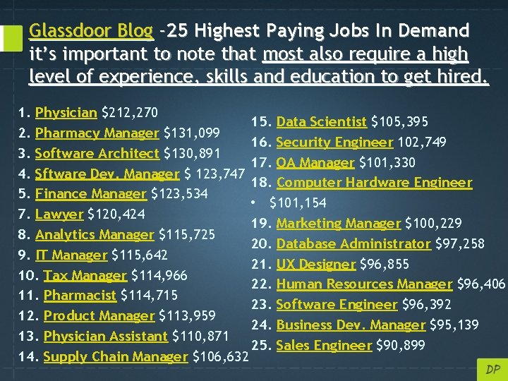 Glassdoor Blog -25 Highest Paying Jobs In Demand it’s important to note that most
