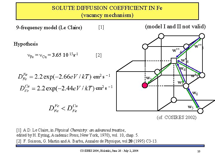 SOLUTE DIFFUSION COEFFICIENT IN Fe (vacancy mechanism) 9 -frequency model (Le Claire) [1] (model