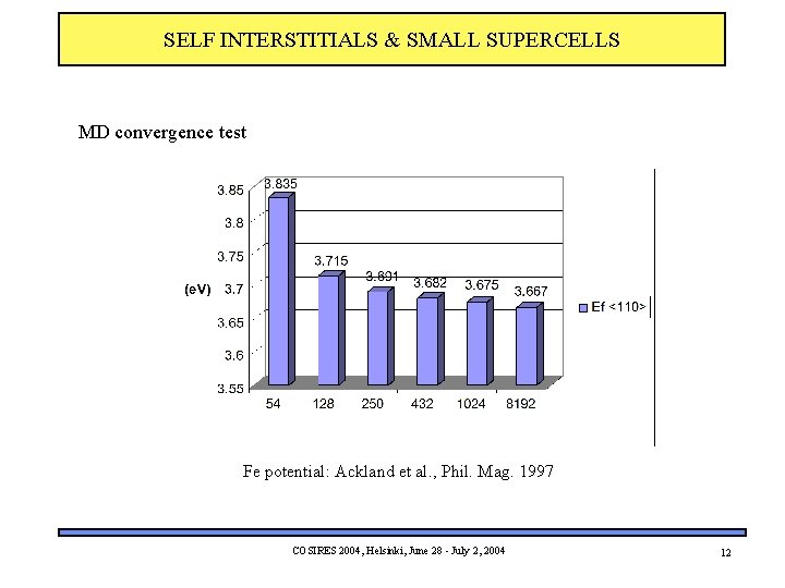 SELF INTERSTITIALS & SMALL SUPERCELLS MD convergence test Fe potential: Ackland et al. ,