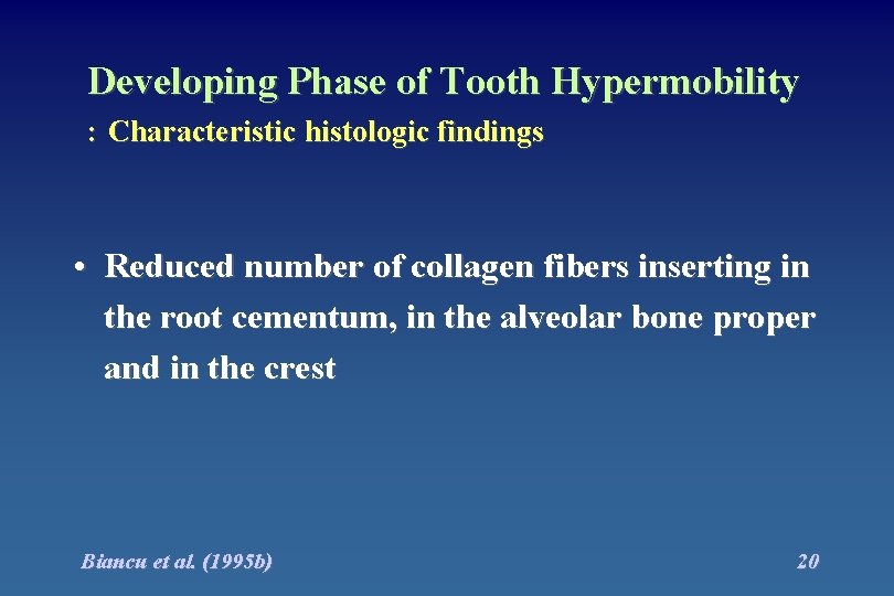 Developing Phase of Tooth Hypermobility : Characteristic histologic findings • Reduced number of collagen
