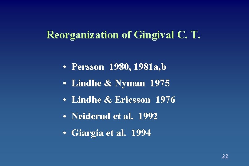 Reorganization of Gingival C. T. • Persson 1980, 1981 a, b • Lindhe &