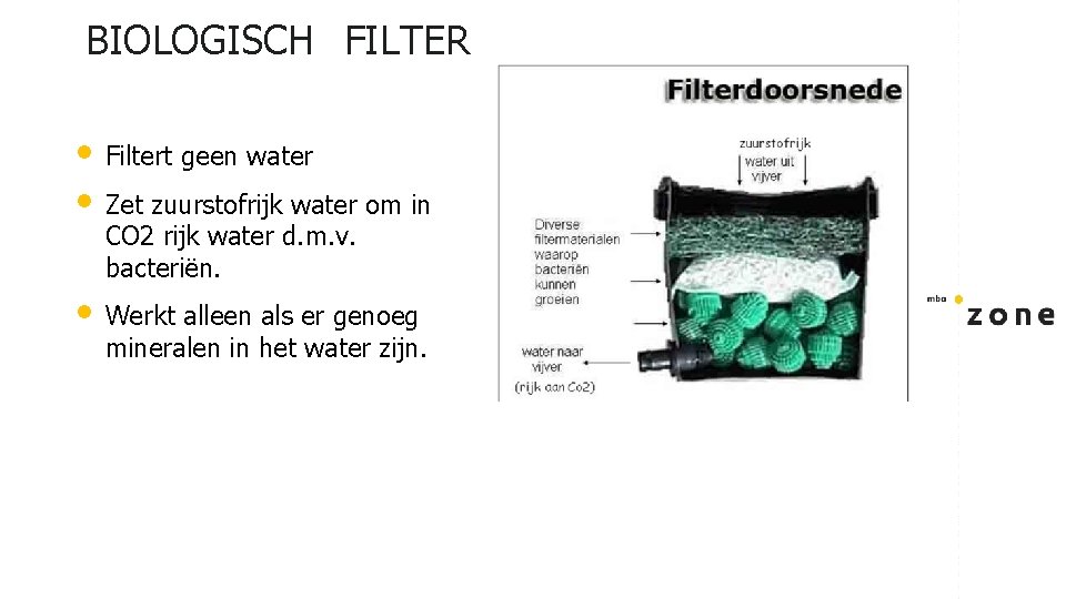 BIOLOGISCH FILTER • Filtert geen water • Zet zuurstofrijk water om in CO 2