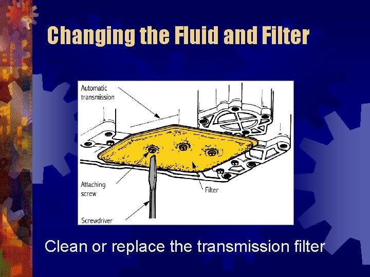 Changing the Fluid and Filter Clean or replace the transmission filter 