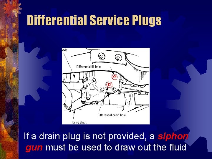 Differential Service Plugs If a drain plug is not provided, a siphon gun must