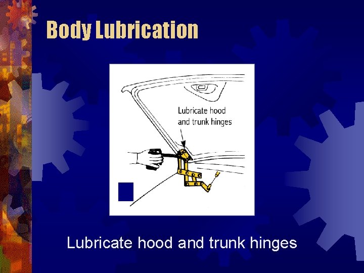 Body Lubrication Lubricate hood and trunk hinges 