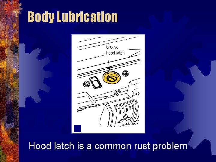 Body Lubrication Hood latch is a common rust problem 