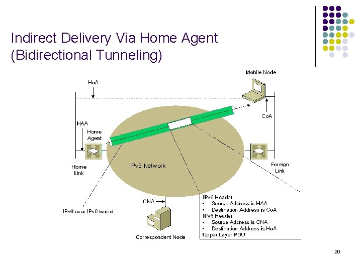 Indirect Delivery Via Home Agent (Bidirectional Tunneling) 20 