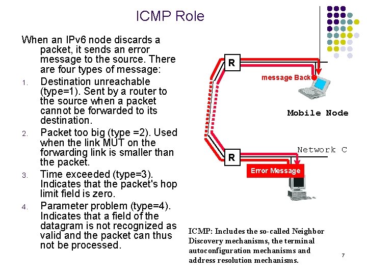 ICMP Role When an IPv 6 node discards a packet, it sends an error