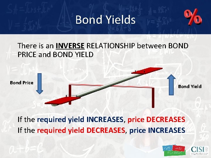 Bond Yields There is an INVERSE RELATIONSHIP between BOND PRICE and BOND YIELD Bond