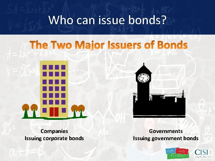 Who can issue bonds? Companies Issuing corporate bonds Governments Issuing government bonds 