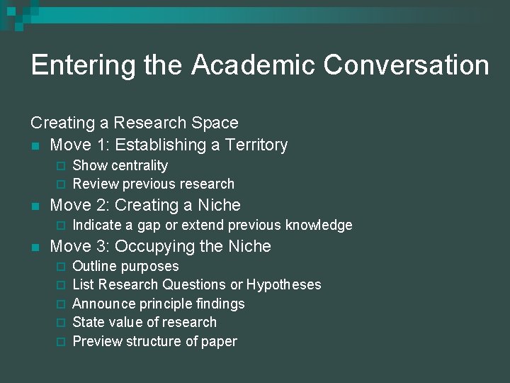 Entering the Academic Conversation Creating a Research Space n Move 1: Establishing a Territory