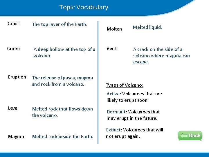 Topic Vocabulary Crust Crater Eruption The top layer of the Earth. A deep hollow