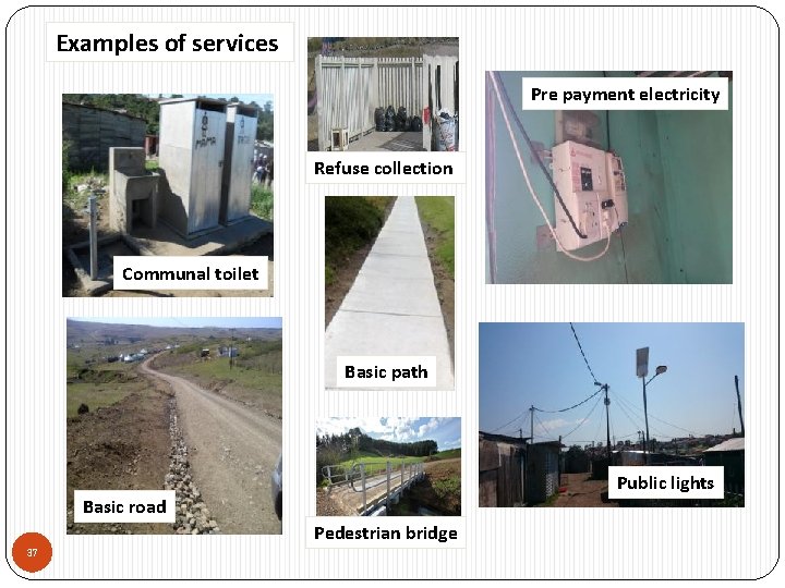 Examples of services Pre payment electricity Refuse collection Communal toilet Basic path Public lights