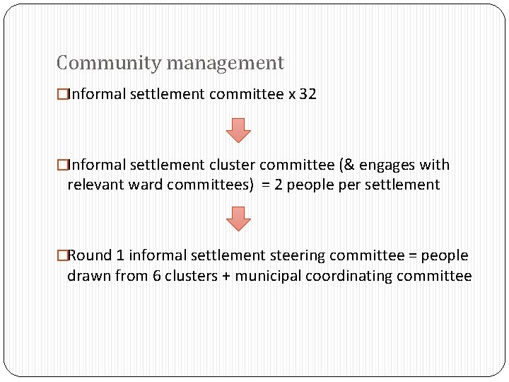 Community management �Informal settlement committee x 32 �Informal settlement cluster committee (& engages with