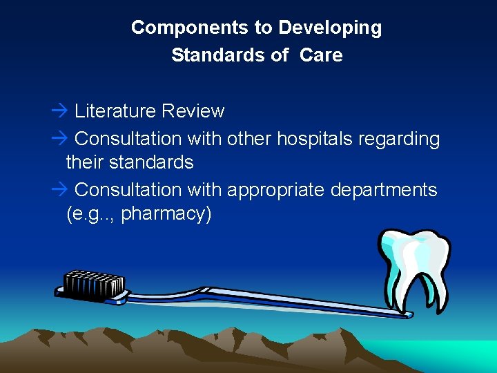 Components to Developing Standards of Care Literature Review Consultation with other hospitals regarding their